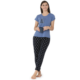 R-PJ-19703 Blue Thankful Touch- Nightwear-Night Suit