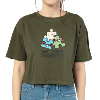 SCT-24018-Cotton Puzzel Pieces Oversized Crooped T-Shirt  Olive