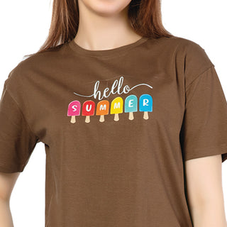 SRF-24096-Cotton-Hello Summer Relaxed Fit T-Shirt-Brown