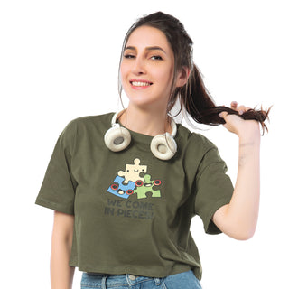 SCT-24018-Cotton Puzzel Pieces Oversized Crooped T-Shirt  Olive