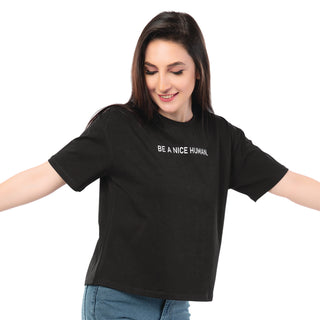 SRF-24088-Cotton-Nice Humans Unite  Relaxed Fit T-Shirt-Black