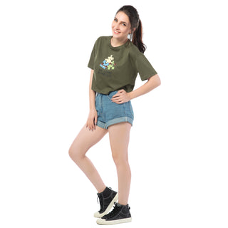 SCT-24018-Cotton Puzzel Pieces Oversized Crooped T-Shirt  Olive