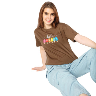 SRF-24096-Cotton-Hello Summer Relaxed Fit T-Shirt-Brown