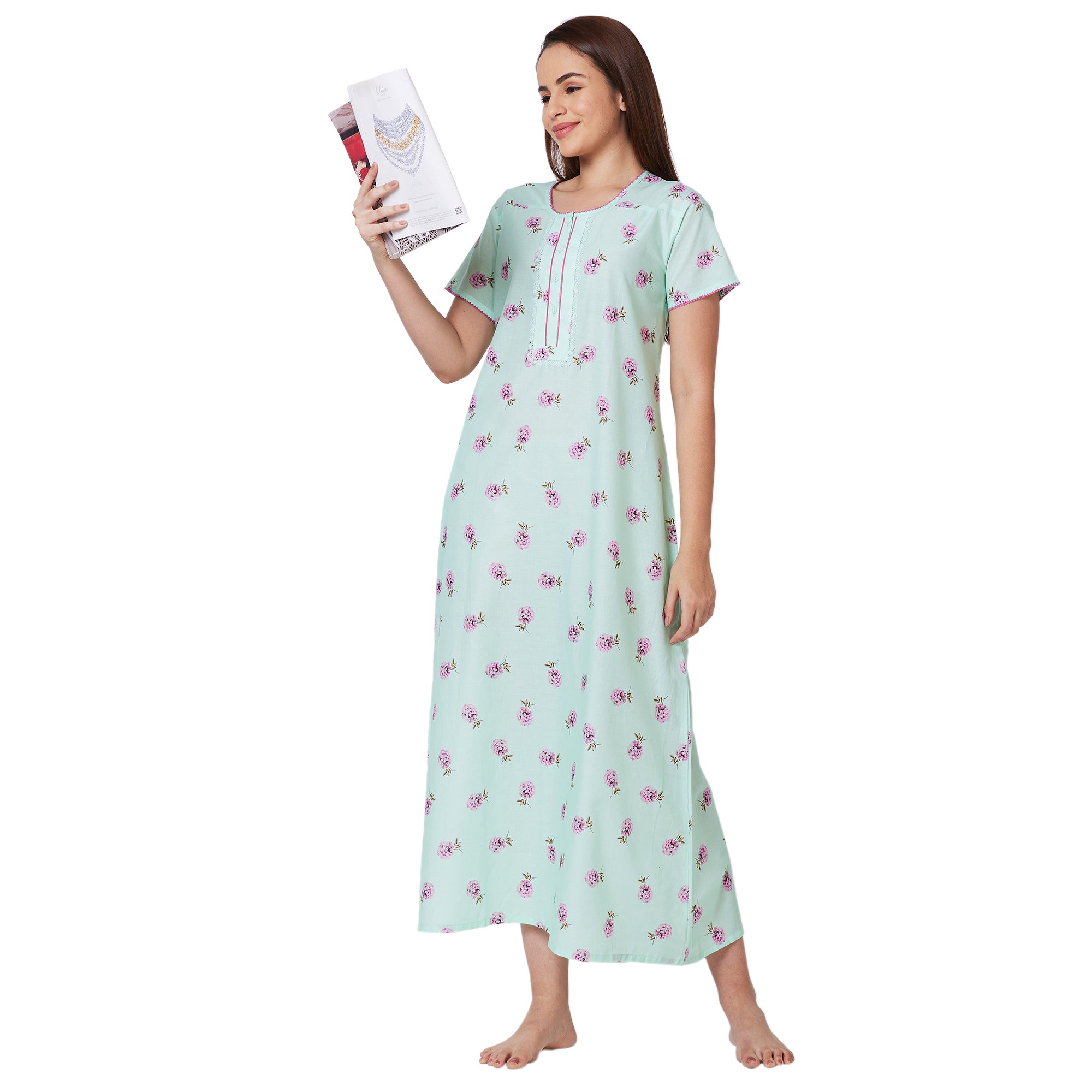 Buy juliet Women's Premium Cotton Printed Round Neck Half Sleeves Nighty  Relaxed Fit Night Gown SCR450116 Peach M at