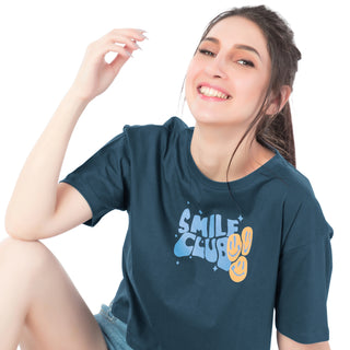 SCT-24028 Cotton Smile Club CROPPED T-SHIRT Petrol Blue