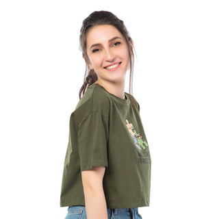 SCT-24018-Cotton Puzzel Pieces Oversized Crooped T-Shirt  Olive