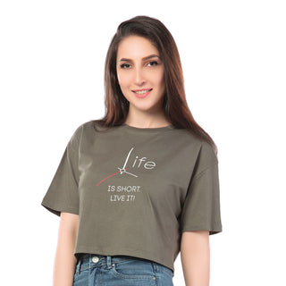 SCT-24109-Cotton Clocking Life  Oversized Crooped T-Shirt  Military Green