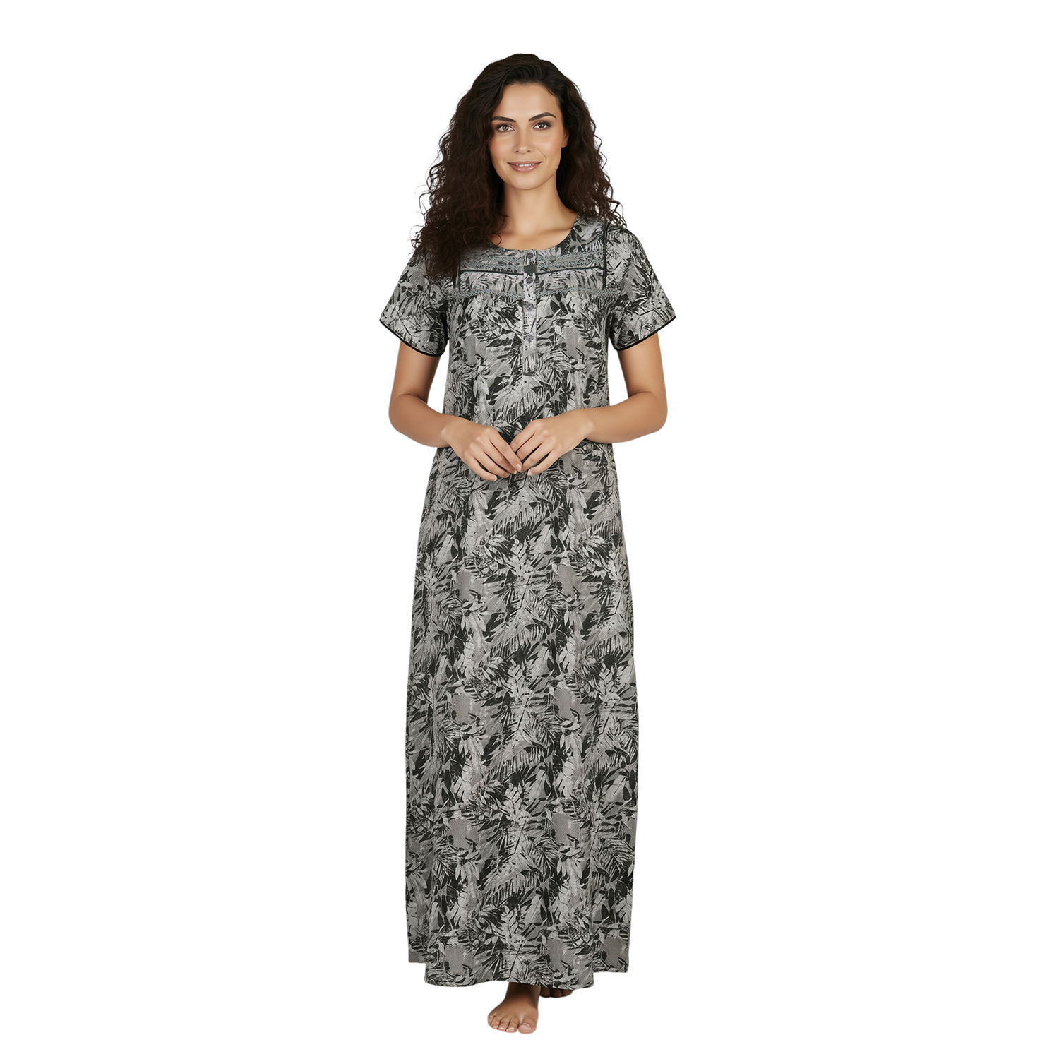 JSS 12075 COL 1_1 JSS 12075 - Printed Poly-Viscose Nighty for Women – Round Neck, Half Sleeves - Image 1