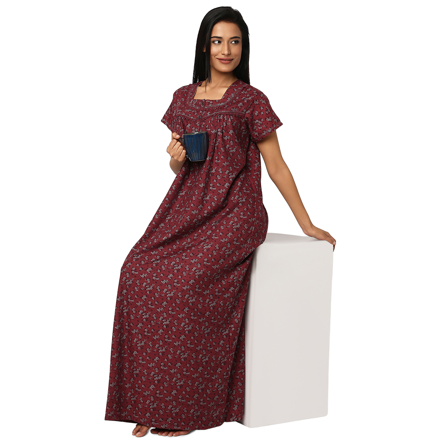 JSS11087MAROON (6) JSS 11087-Printed Poly Viscose Nighty Square Neck Half Sleeves - Image 1