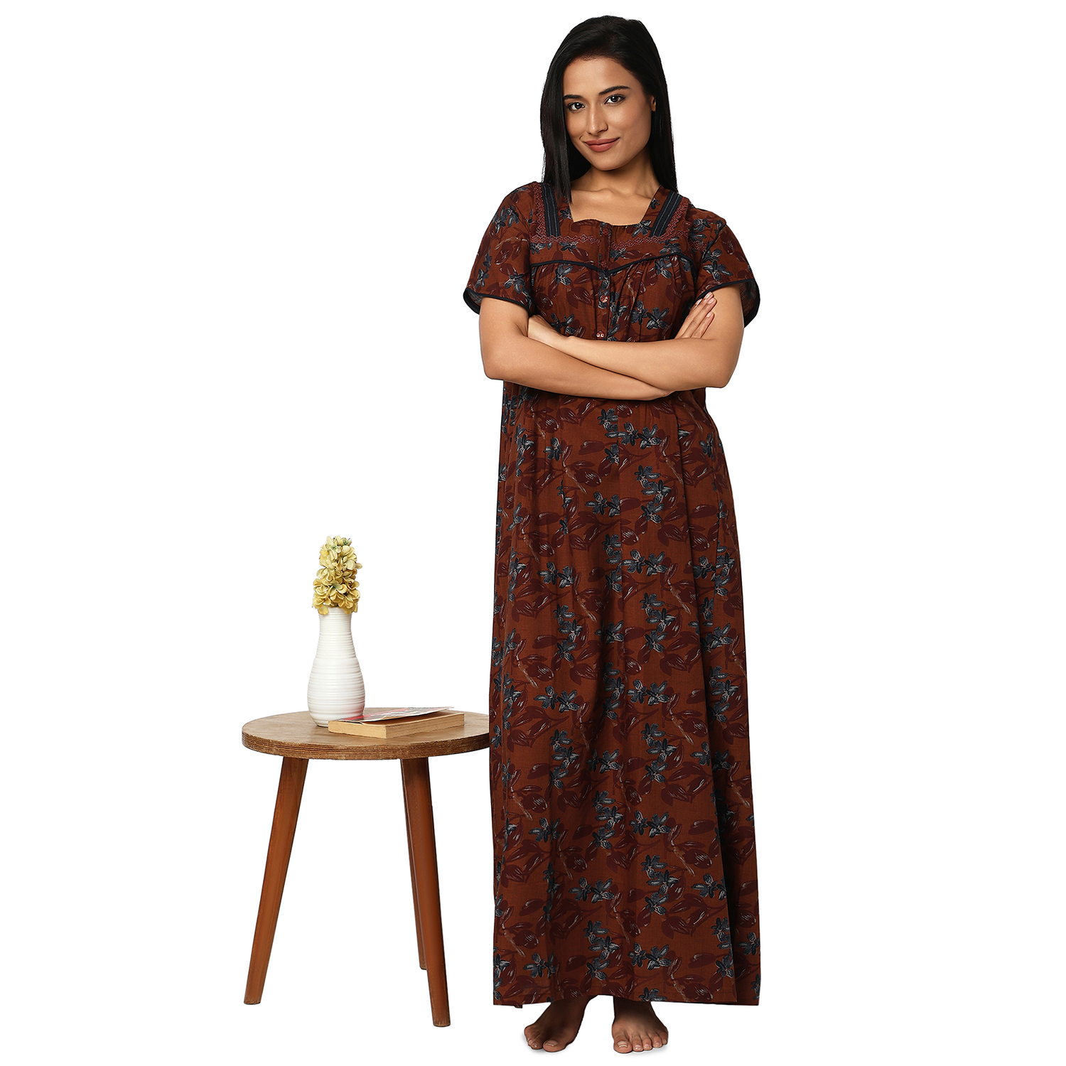 JSS12009BROWN (6) JSS 12009-Printed Poly Viscose Nighty Square Neck Half Sleeves - Image 1