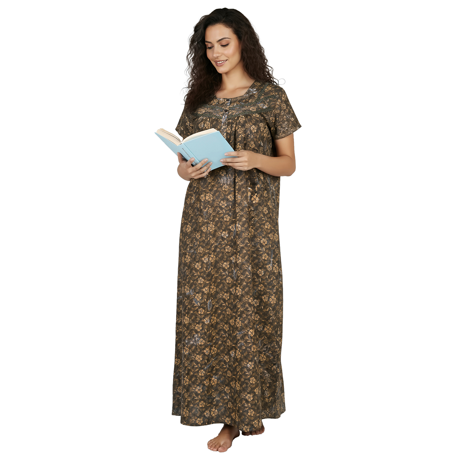 SCH 460913 COL 3_6 SCH460913 - Printed Poly-Viscose Nighty for Women – Square Neck, Half Sleeves - Image 1