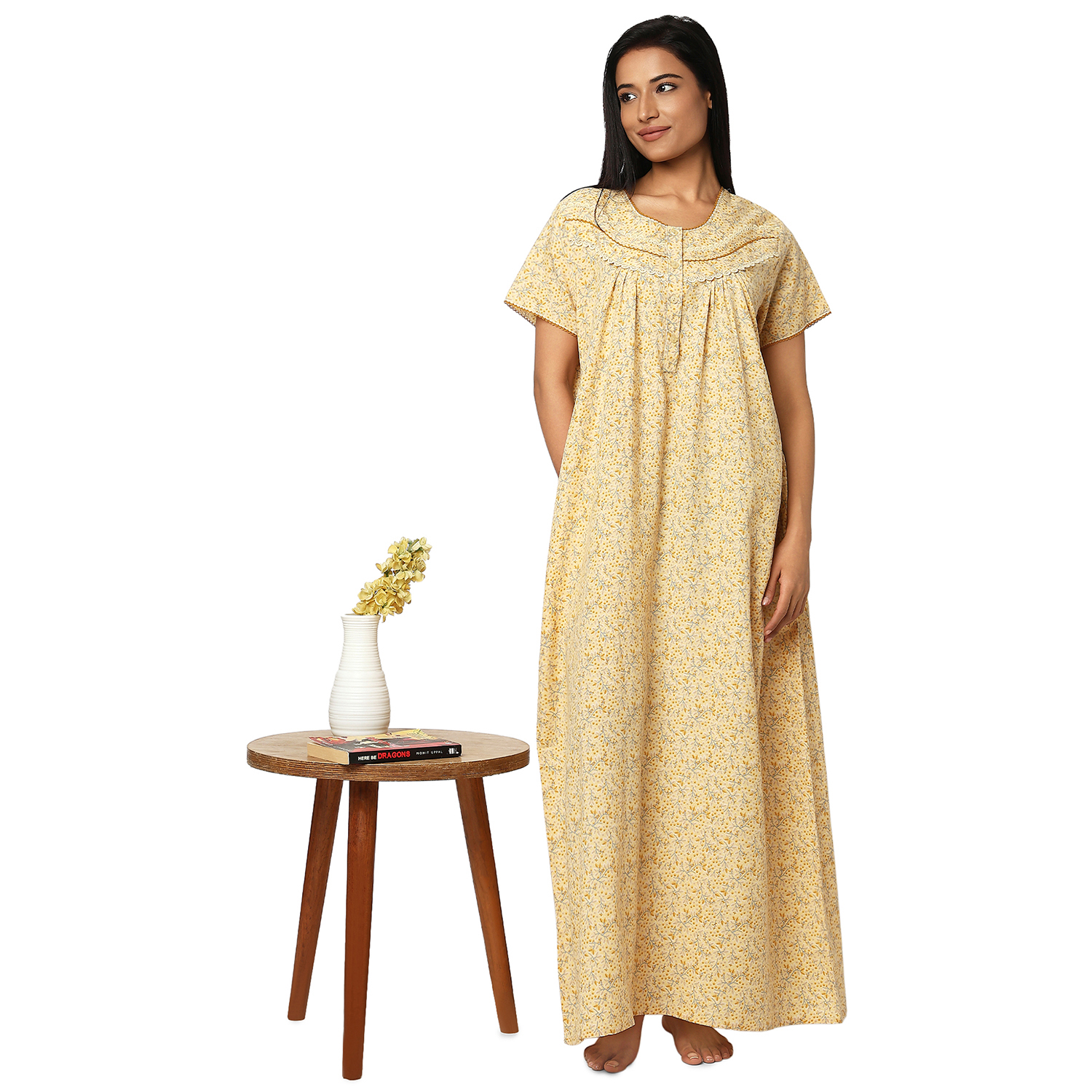 SCK7002YELLOW (6) SCK 7002-Printed Poly Viscose Nighty Round Neck Half Sleeves - Image 1
