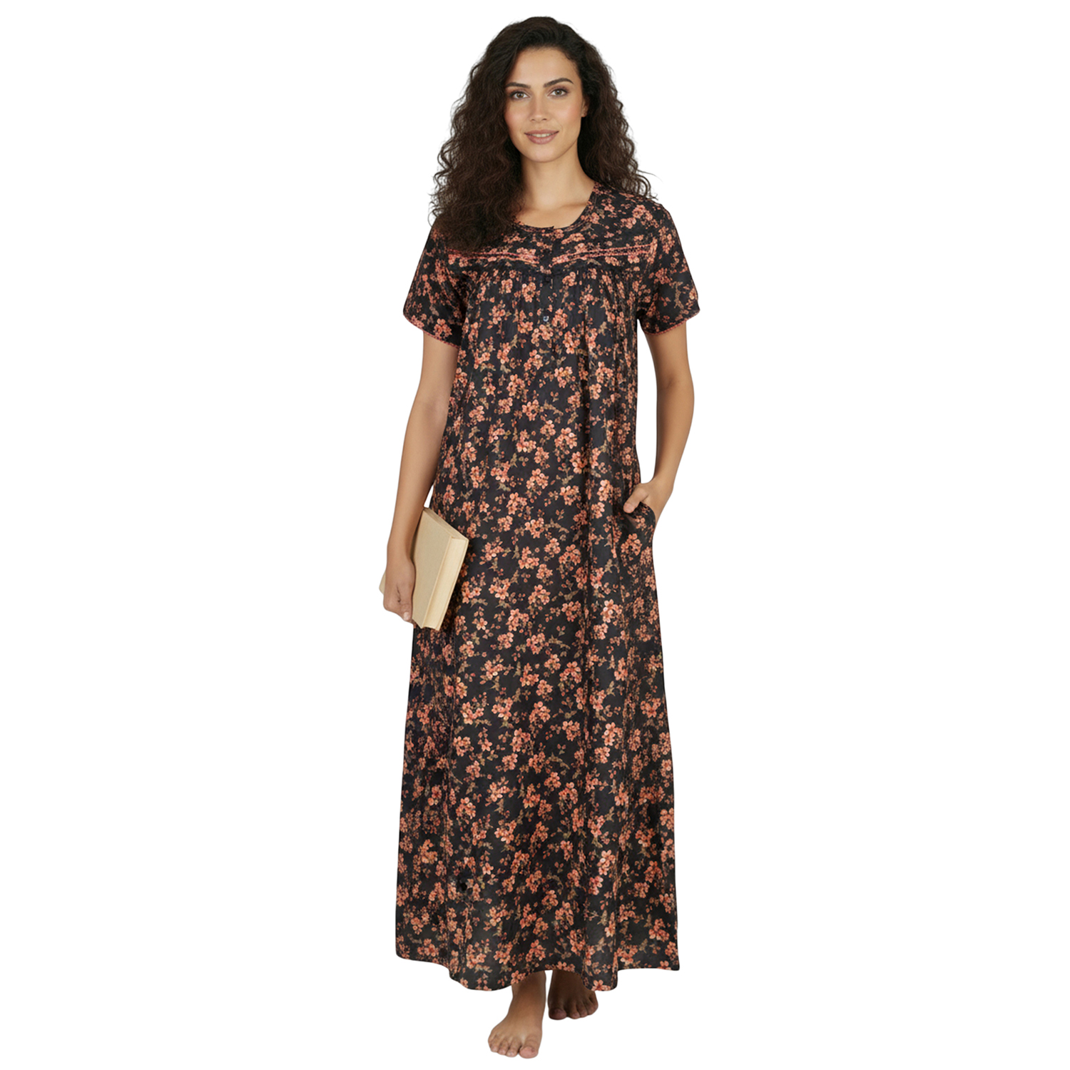 SC 460856 COL1-1 (7) SCR460856 - Printed Poly-Viscose Nighty for Women – Round Neck, Half Sleeves - Image 1