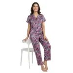 JRB1482 – Premium Satin Button-Down Shirt Printed Night Suit Set