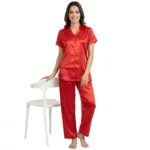 JRB9025 - Women's Solid Red Satin Night Suit Set