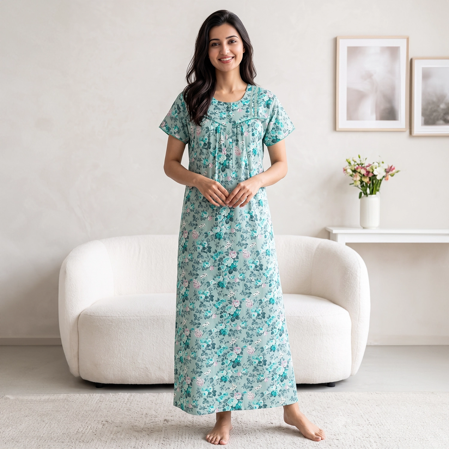 JMF-2280 GREEN (1) JMF-2280-Poly Viscose Printed Full Length Nighty Soft & Breathable - Image 1