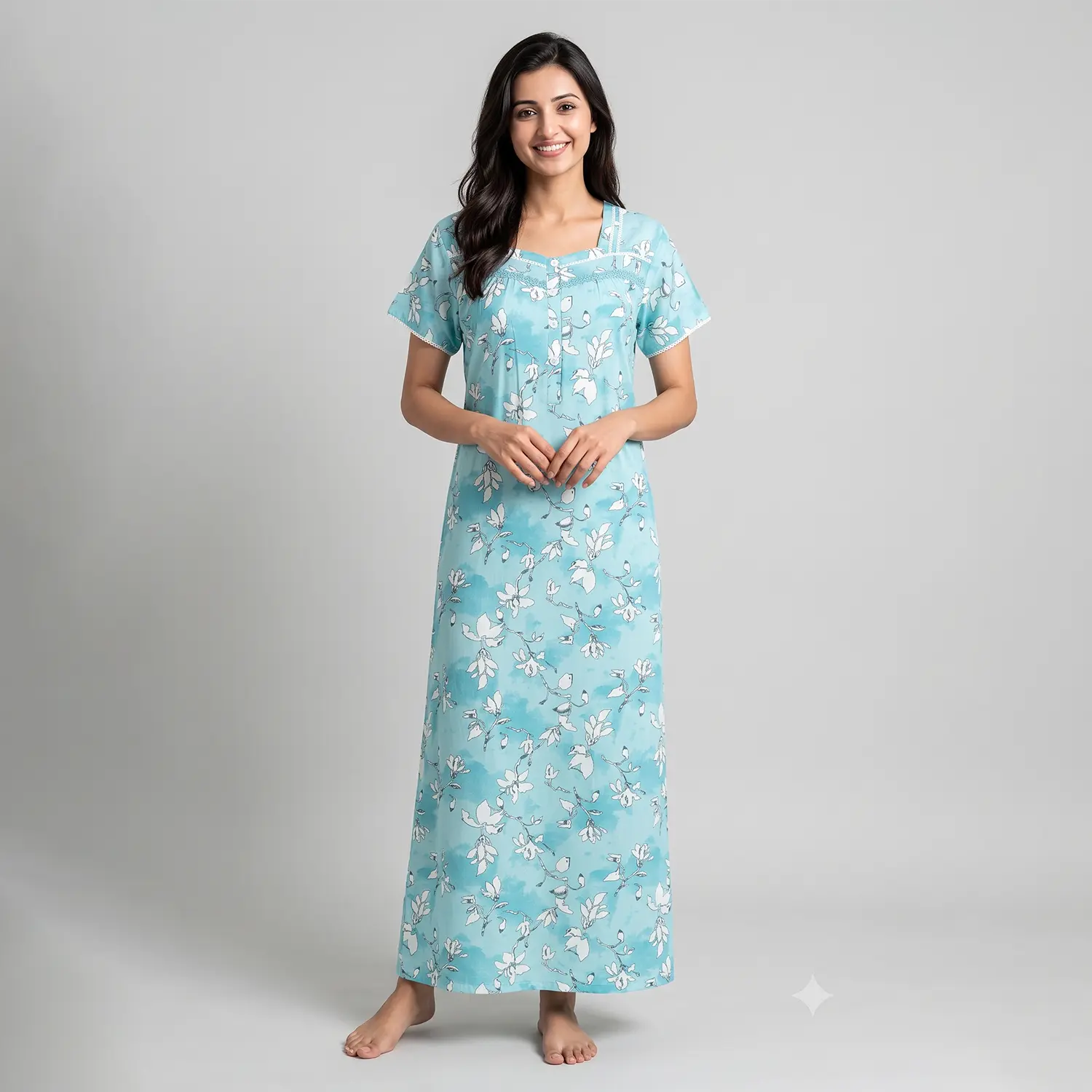 JSS 14090 BLUE (7) JSS-14090-Poly Viscose Floral Printed Full Length Nighty Soft & Breathable - Image 1